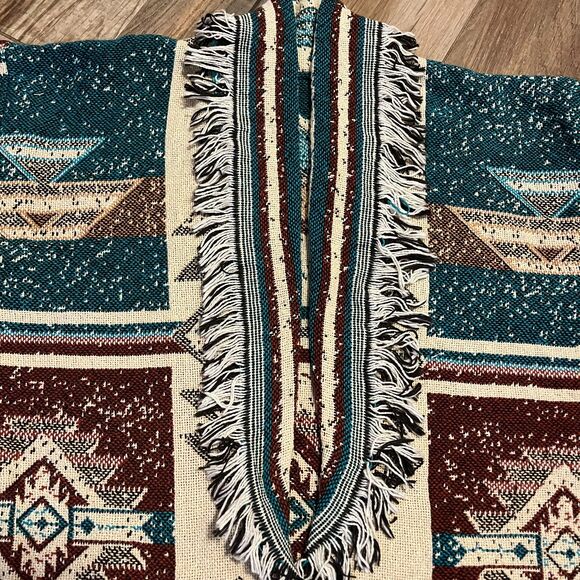 Aztec Wrapper Native American Indian Vintage Tapestry Fringe Sweater NWOT - Picture 3 of 12